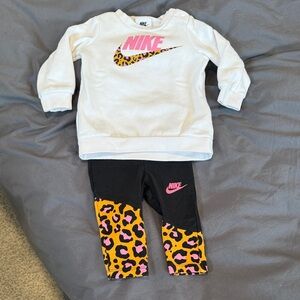 Nike Kids White Top with Black Leggings and Yellow-Pink Leopard Panels